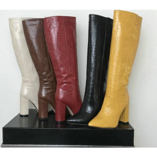 Band Designer Faux Leather Women Knee High Boots Pointed Toe Boots Yellow Burgundy Women Chunky Block High Heel Boots Size 34-43