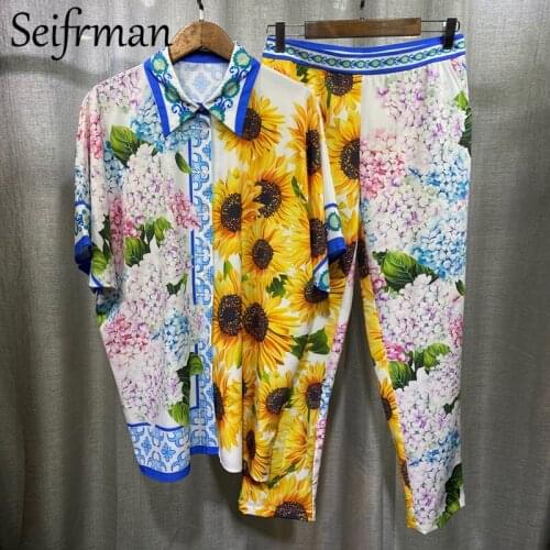 Seifrmann Summer Women Fashion Designer Pants Set Half Sleeve Loose Blouses + High Waist Print Long Pants 2 Two Pieces Suits