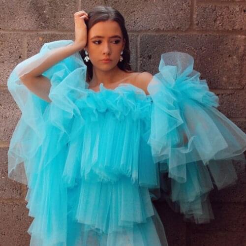 Sweet Light BlueTiered Ruffle Tulle Tops Women Fashion Sheer See Through Tulle Top Turtleneck Party Blouse Shirts Half Sleeves