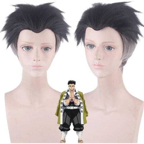 Cos Gift Himejima Gyoumei Black Gradient Gray Wig AAnime Demon Slayer: Kimetsu No Yaiba Cosplay Hair Synthetic Cosplay Wig 28cm