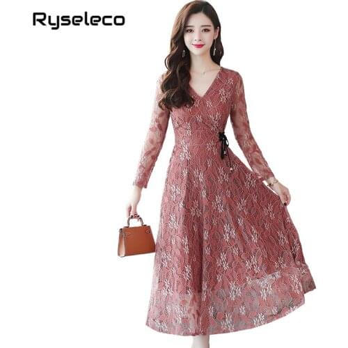 European 2018 Fall Womens Cutout Long Floral Lace Dresses Femme Plus size Casual Clothing Sexy Party Flare Maxi Lace Up Vestido