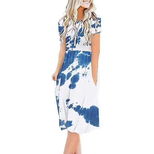 Women Printed O-Neck Short Sleeve Pockets Fashion Casual Dress For Summer 2021 New Splice Loose Pullover Dress Female Vestidos
