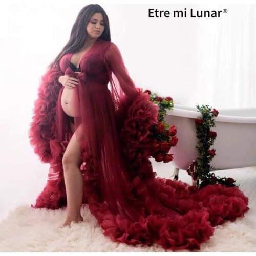 2020 Burgundy Ruched V-neck Wedding Dress A-line Pregnancy Long Sleeves Court Train Prom Gown vestido de novia WD30660