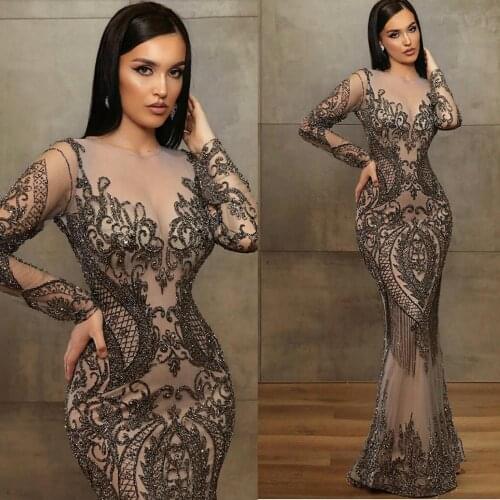 Sexy Illusion Mermaid Prom Dresses Plus Size Beading Long Sleeve Evening Gowns 2021 Lace Sequined Luxury Vestidos Longo