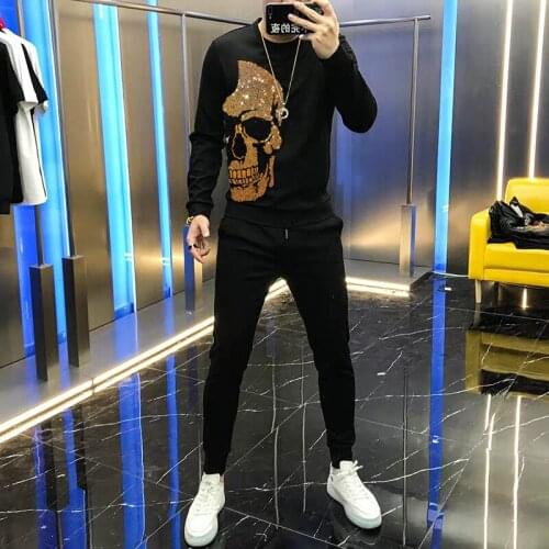 Winter Hot Diamond Pullover New Gold Shiny Hip-Hop Big Skull Mens Slim Tracksuit Casual Sets