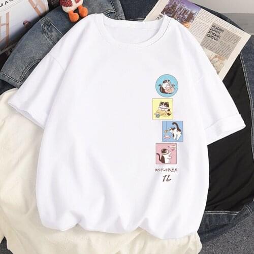 100% Cotton Summer Women TShirt Kawaii Cute Cat Anime Harajuku Ulzzang Loose T Shirt Short Sleeved Oversized T-shirts Tops Y2k