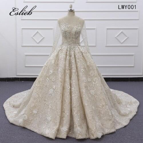 2020 LWY001 Wedding Dresses Full Sleeves Ball Gown Arabic champagne Luxury Dress Long Train Princess Style