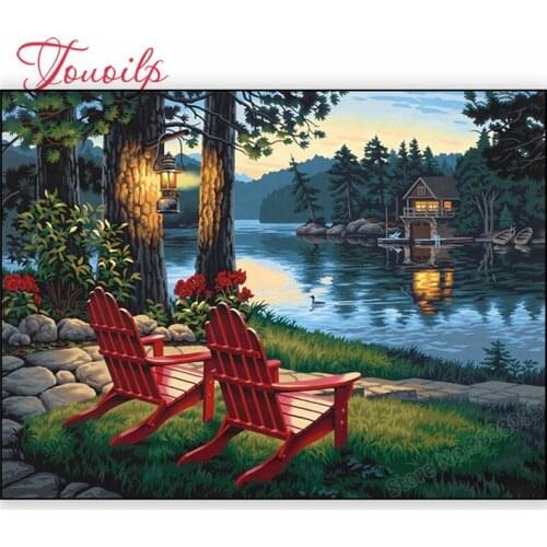 DIY 5D Diamond Painting River Tree and Red Chair Landscape Diamond Embroidery Full Square Drill Picture Mosaic Cross Stitch Kits