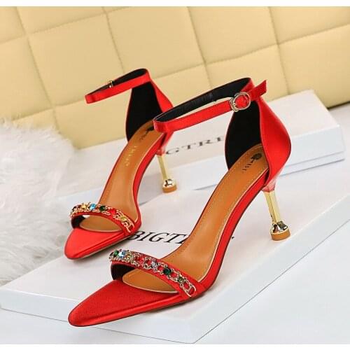 BIGTREE 2021 Fashion Shallow Peep Toe Summer Shoes Ankle Buckle Strap Sexy High Heels Bling Shiny Rhinestone Decoration Sandals