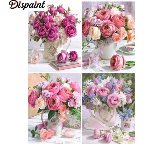 Dispaint Paint With Diamond Embroidery "Vase roses" Diamond Painting Full Square Round Picture Of Rhinestone Decor