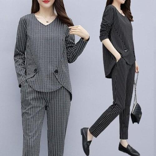Women New 2020 Spring Autumn Striped Two Piece Set Female Long Sleeve Tops And Harem Pants Sets Casual Office Ladies Suits Y482