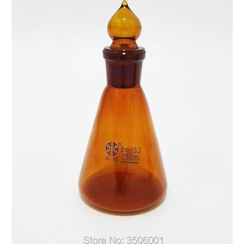 Brown conical flask with standard ground-in glass stopper,Capacity 250ml,joint 24/29,Erlenmeyer flask with standard ground mouth