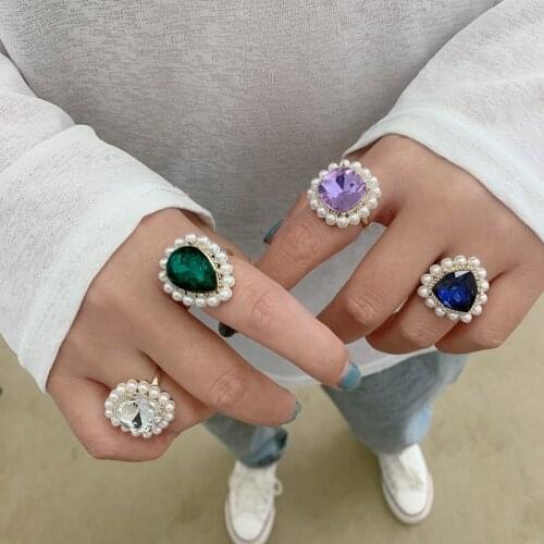Korea Elegant Pearl Crystal Heart Shaped Ring Charm Colorful Fashion Vintage Punk Simple Cool Rings Jewelry Gifts New Party