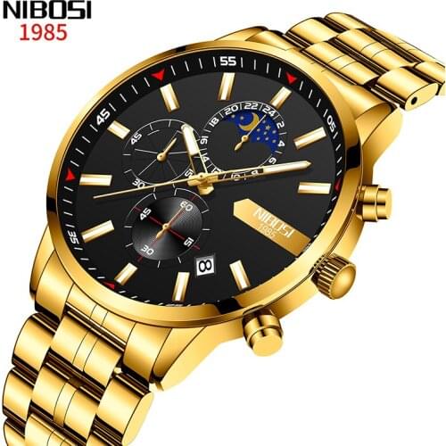 NIBOSI Fashion Business Men Three Eye Six Needle Chronograph Calendar Moon Phase Luminous Pointer Quartz Watch Relogio Masculino