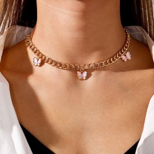 Trendy Colorful Cute Butterfly Pendant Necklaces for Women Gold Color Choker Chunky Necklace CuteJewelry for Girls Party Gift