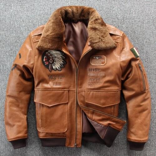 2019 New Men Embroidery Indian Skull Air force flight A1 Pilot Sheepskin Jacket Casual Wool collar Real leather jacket S-XXXL