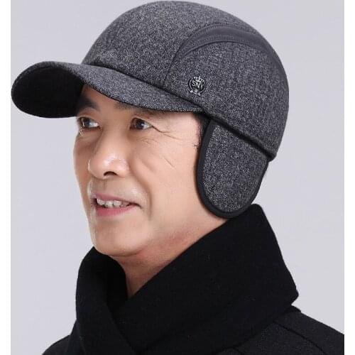 New Solid Color Simple Thick Warm Hat for Old Men Cotton Fashion Old Mens Winter Baseball Cap with Ear Flap
