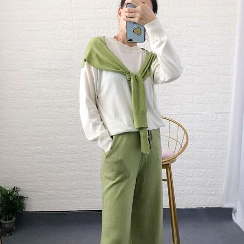 Newest Fake Shawl Two Tops Knitted 2 piece Pants set Women Spring Fall Soft Loose Thin Sweater Tops and Wide leg Pants Sets
