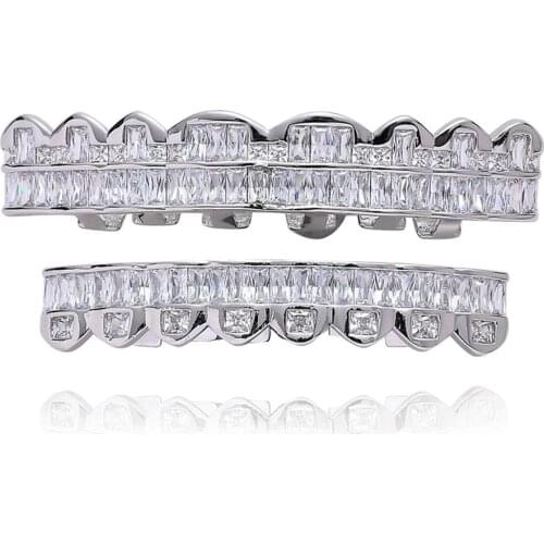 New Baguette Set Teeth Grillz Top & Bottom Silver Color Grills Dental Mouth Hip Hop Fashion Jewelry Rapper Jewelry Gift