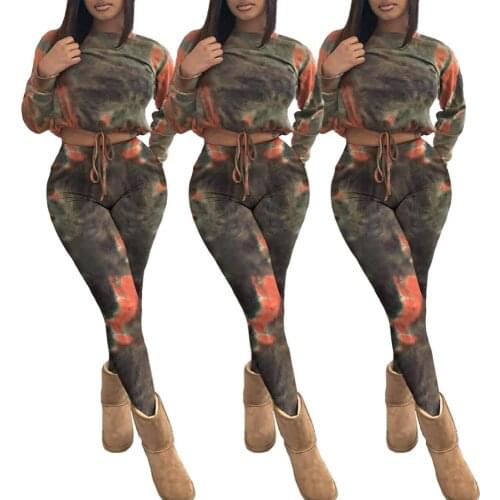 Customized wholesale pretty tracksuits women casual crop top two piece set long sleeve tie dye skinny plus size women clothing