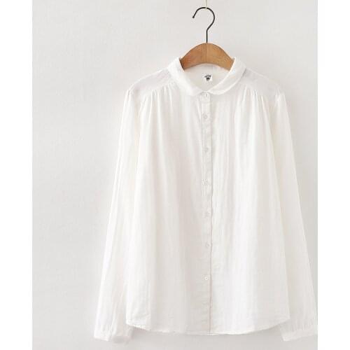 Comfortable Soft Cotton Shirt Woman 2021 Spring Japanese Style Shirring Turn Down Collar Long Sleeve Button Up Blouse Brief Tops