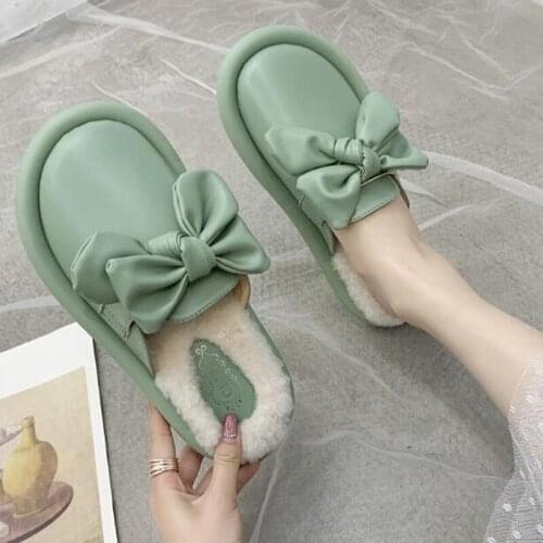 Cute Bow Women Winter Home Slippers Suede Bow Slip On Soft Winter Warm House Shoes Men Women Slippers Indoor Bedroom Floor Shoes