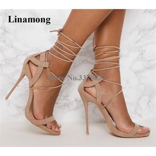 Western Fashion Style Open Toe Suede Leather Stiletto Heel Gladiator Sandals Lace-up Strap Cross High Heel Sandals Dress Heels