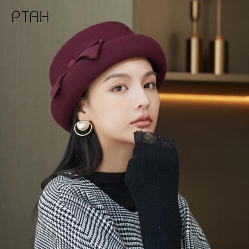 [PTAH] Fedora Hat For Women Temperament Elegant Church Autumn Winter Ladies Bow Hat 100% Wool Caps High Quality Top Hat Wedding