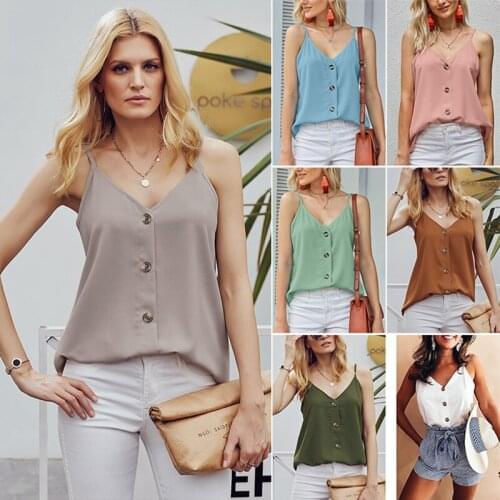 Womens Button Down V Neck Strappy Tank Tops Loose Casual Sleeveless Shirts