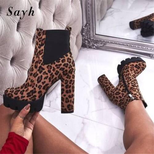 2020 Winter Sexy Women Ankle Boots Suede Leopard Platform High Heel Boot Rock Punk Boot Zip Women Casual Shoes US 8