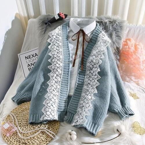 Knitted cardigan jacket women 2021 fall/winter fashion new all-match lace edge sweater outer wear all-match casual top