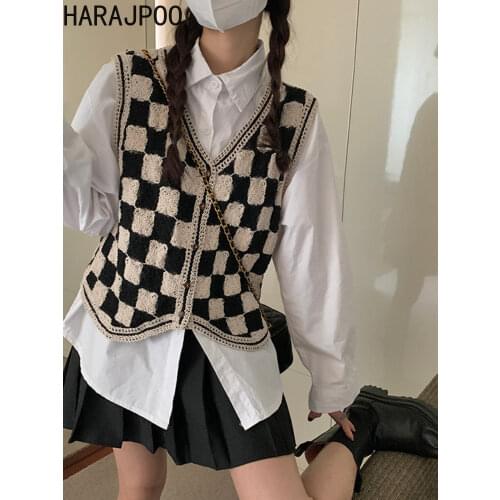 Harajpoo Female Waistcoat Checkerboard Lattice Vest Women Spring Fall 2021 New Vintage V Neck Sleeveless Sweater Y2k Tank Top