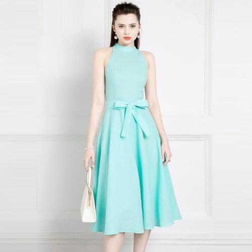 High End French Retro Dress Summer 2021 New Fresh Lady Hanging Neck Waist Umbrella Skirt Women Office Lady Belt Turtleneck Hemp