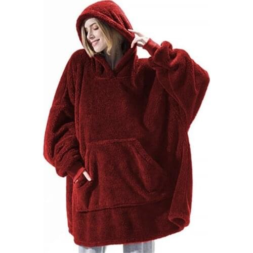 Winter Soft Warm Wearable Hooded Blanket Adults&Kids Double-sided Velvet Thickening Elastic Sleeves Loose Pajamas With Pocket