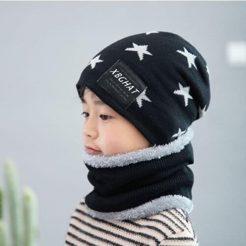 2020 New Winter Add Fluff Childen Star Hat Set Boys Girls Neck Scarf Warm Neckerchief Kids Knitting Children Hat Scarf 2pcs Sets