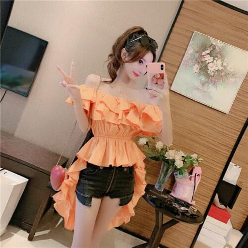 Asymmetric crop top Womens Clothing Blouses Korean ruffles off shoulder tops Ladies sexy club shirts new summer fashion brand