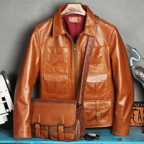 Free shipping.2021 new style oil cow leather coat.mens quality vintage leather jacket.light brown safari leather clothes