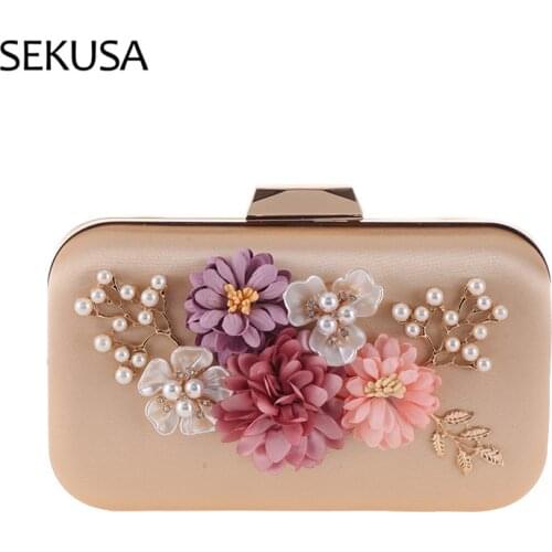 Flower Women Handbags Shell Pearl Lady Evening Bags Metal Golden Retro Satin Chain Clutches Purse