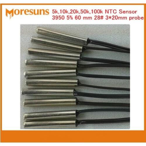 Fast Free Ship 100pcs/lot NTC thermistor temperature sensor 5k,10k,20k,50k,100k 3950 5% 60mm 28# 3*20 NTC Sensor Custom Sensor