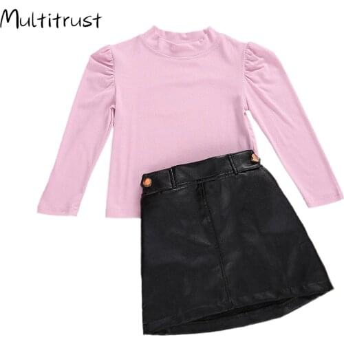3-7Y Toddler Baby Girl Lovely 2020 Autmn Puff Long SleeveTurtleneck Pink Tops + PU Skirts 2pcs Clothes Sets