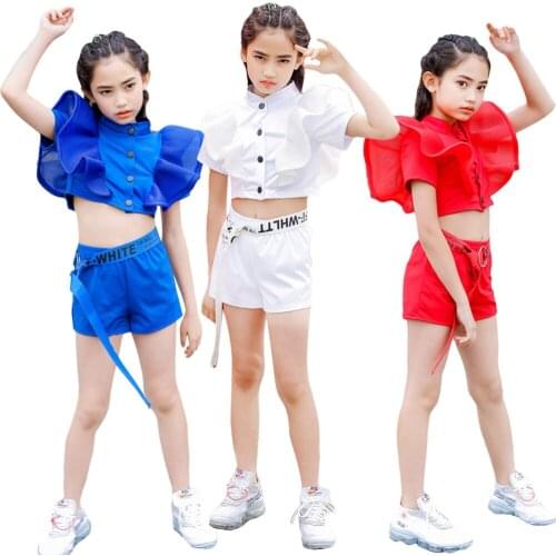 Kids Girls Stage Performance Clothing Set Children Streetwear Hip Hop Dancewear Red White Blue Jazz Dance Costume