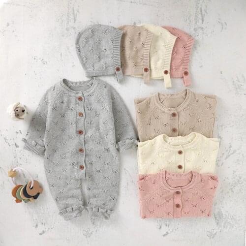 Baby Boy Girl Hollow Knitted Hooded Romper Solid Button Down Long Sleeve Sweater Romper Jumpsuit Winter Warm Outfit