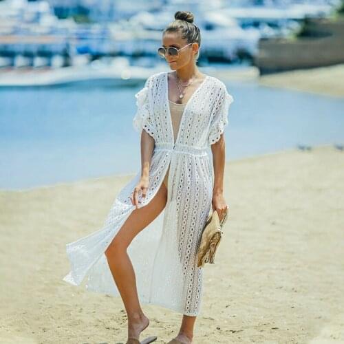 Elegant Bikini Cover-ups Sexy Deep V-neck Butterfly Sleeve Kimono Dress White Tunic Women Beach Wear Swim Suit Cover Up Q1311