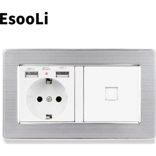 Esooli EU Standard Wall Socket 2 USB Charge Port Hidden Soft LED + 2 Gang CAT6 RJ45 Internet Stainless Steel Panel