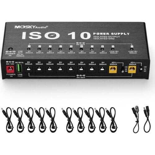 ISO-10 Portable Guitar Effect Power Supply Station 10 Isolated DC Outputs & One 5V USB Output for 9V 12V 18V Guitar Effects