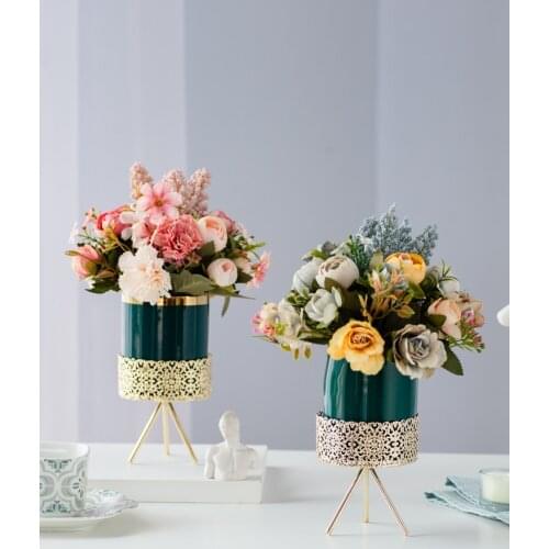 Nordic Metal Frame Ceramic Vase+Fake Flower Accessories Coffee Table Furnishing Decoration Home room Desktop Korean Decor Crafts