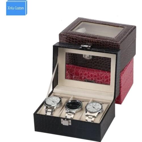 3 Grids Black/Brown/Red Color Rutile Quartz Watch Box Storage&Display Leather Box Watch Case Glass Window Saat Box relogio hombl