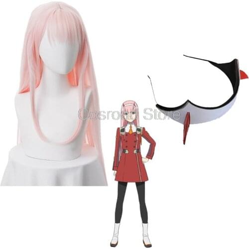Cosroad Anime DARLING in the FRANXX 02 Zero Two Cosplay Wigs+Headwear Zero Two 02 Pink Long Straight Hair + Hair Clip