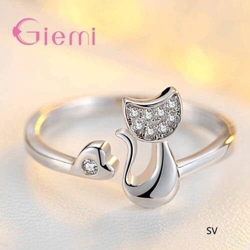 Creative Cute Cat Open Rings Gold/Silver Color Finger Jewelry Paved Clear CZ Zircon Stone Women Wedding Party Gifts
