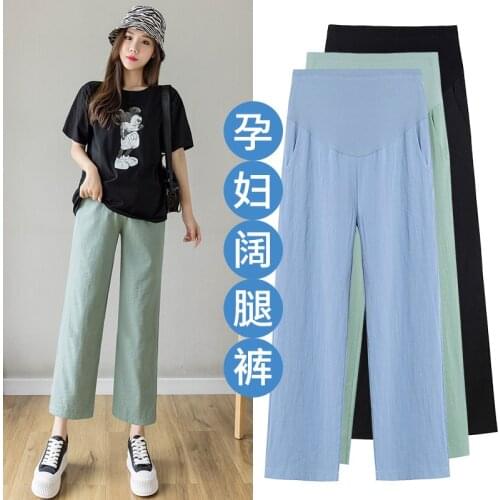 Summer Thin Ice Feel Maternity Straight Pants 9/10 Length Elastic Waist Belly Loose Clothes for Pregnant Women Pregnancy
